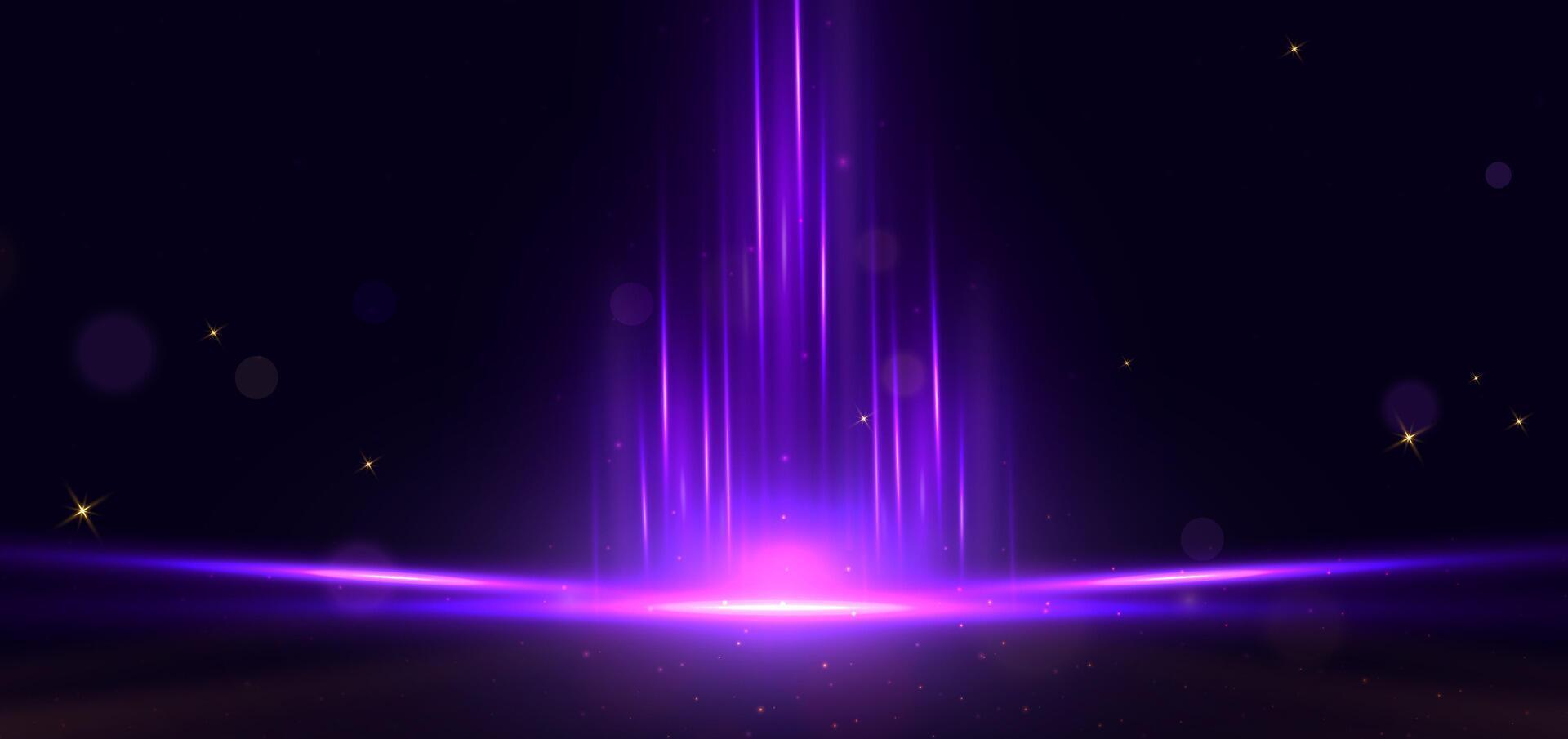 Abstract purple light rays on black background with lighting effect and bokeh. vector