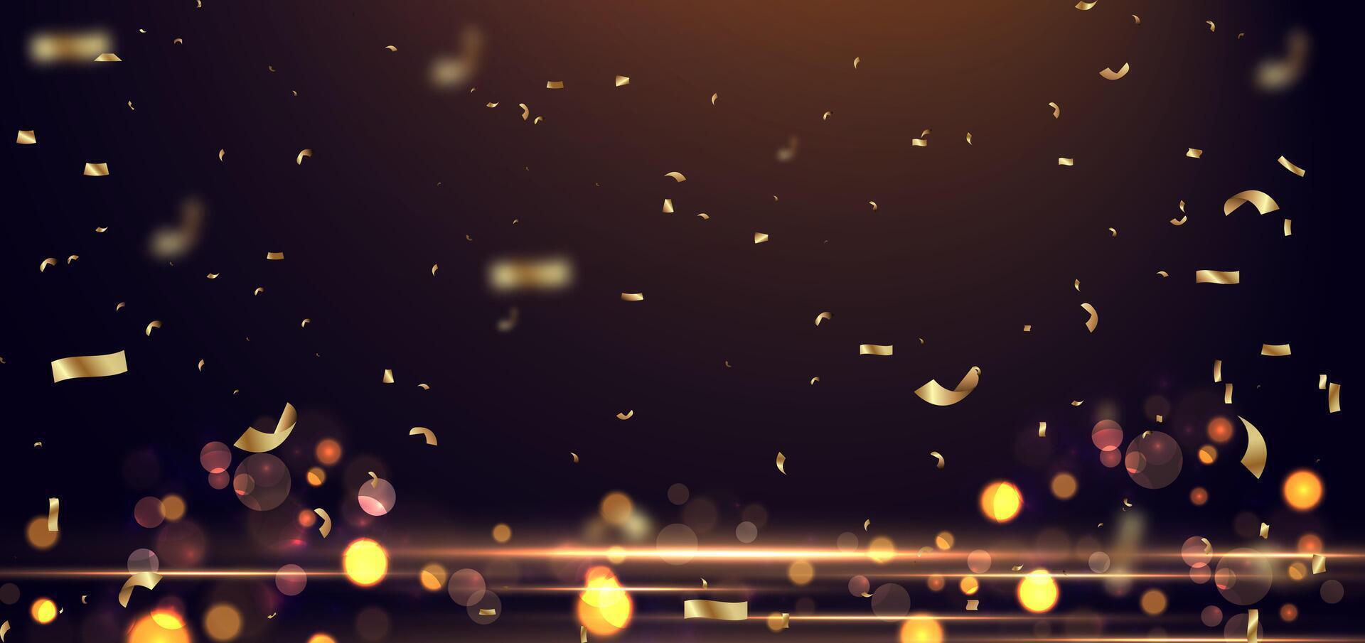 Golden confetti banner and flag on dark background. Celebration party happy concept. vector