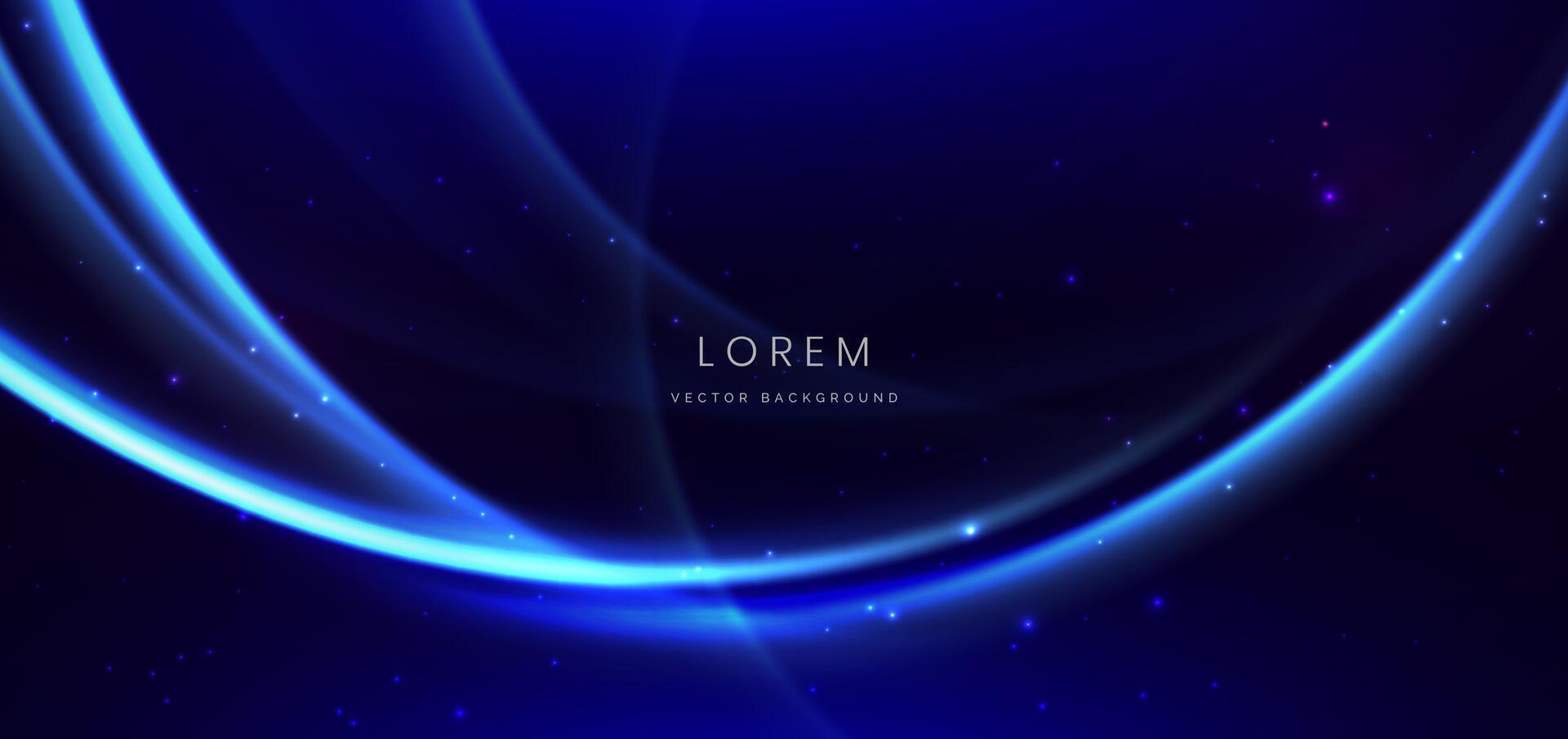 Abstract technology futuristic neon curved glowing blue light lines with speed motion blur effect on dark blue background. vector