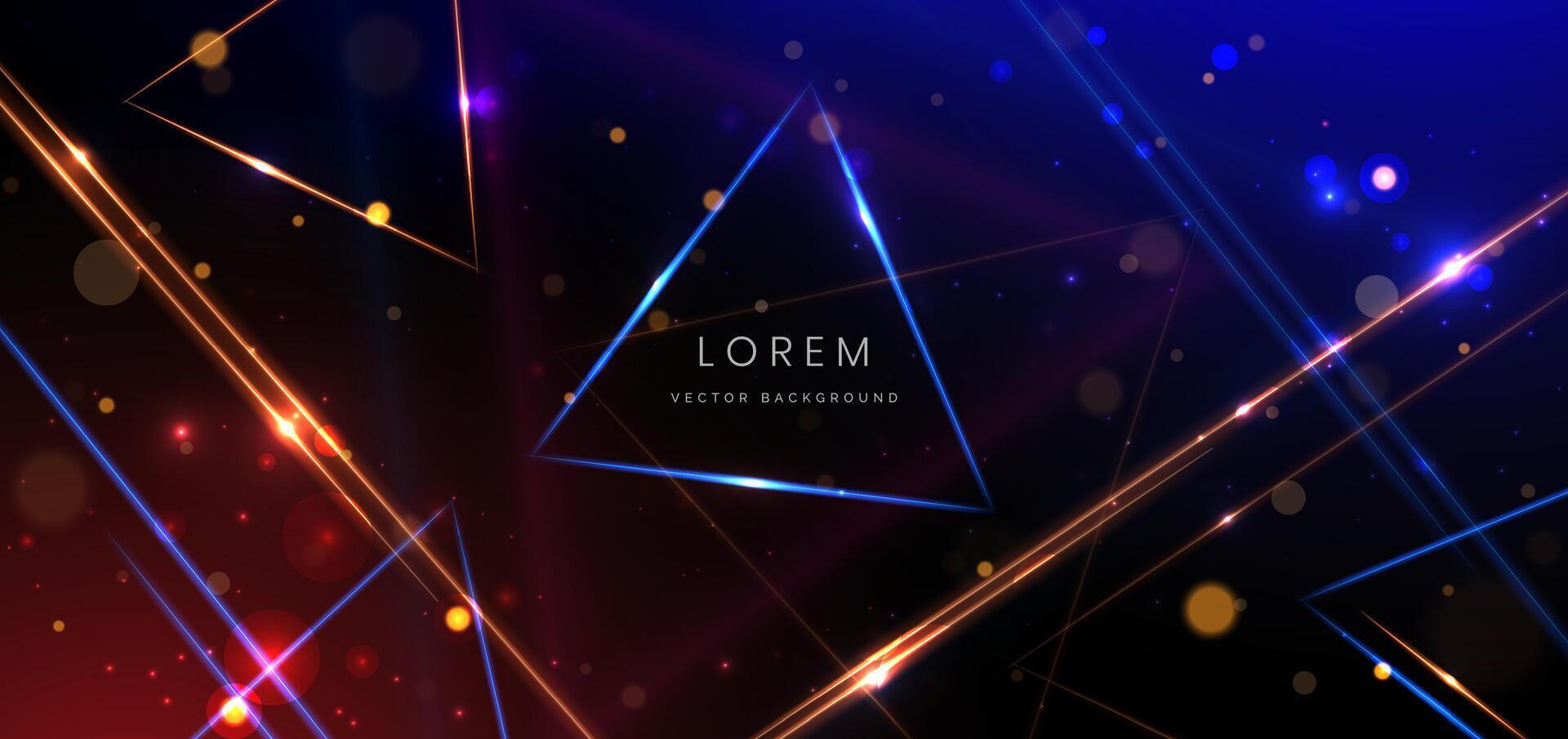 Abstract technology futuristic neon triangle glowing blue and orange light lines with speed motion blur effect on dark blue background. vector