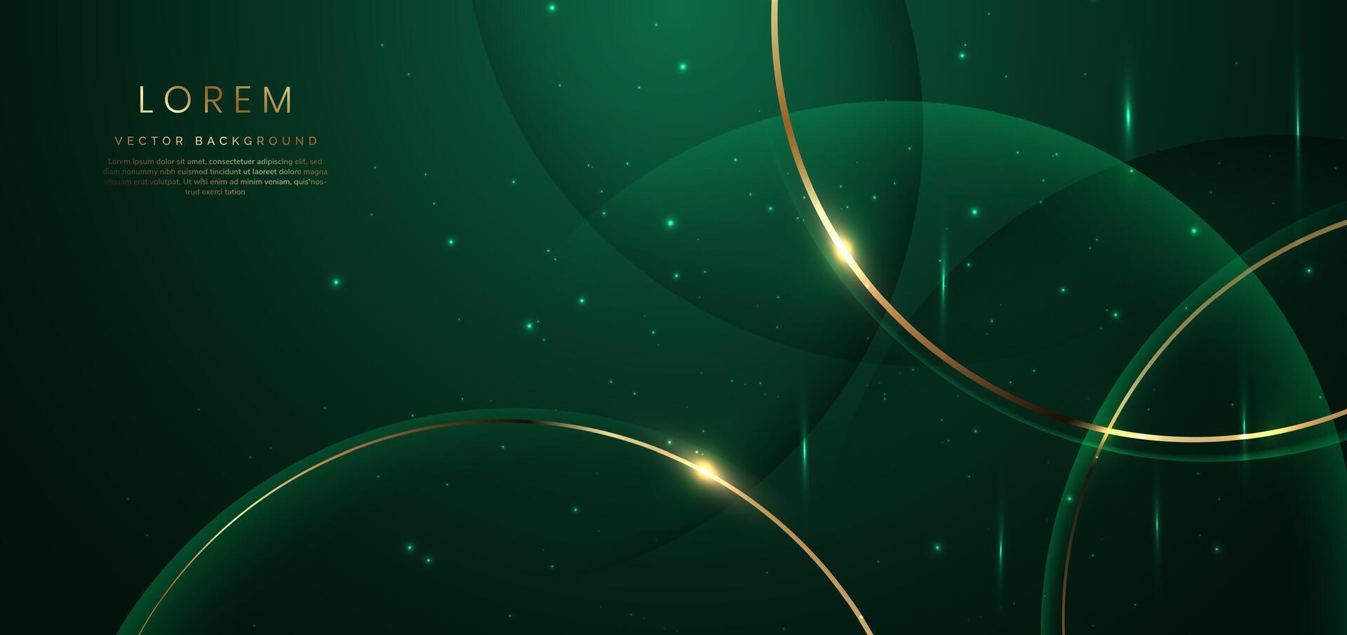Abstract gold curved line on dark green background with lighting effect and sparkle with copy space for text. Luxury design style. vector