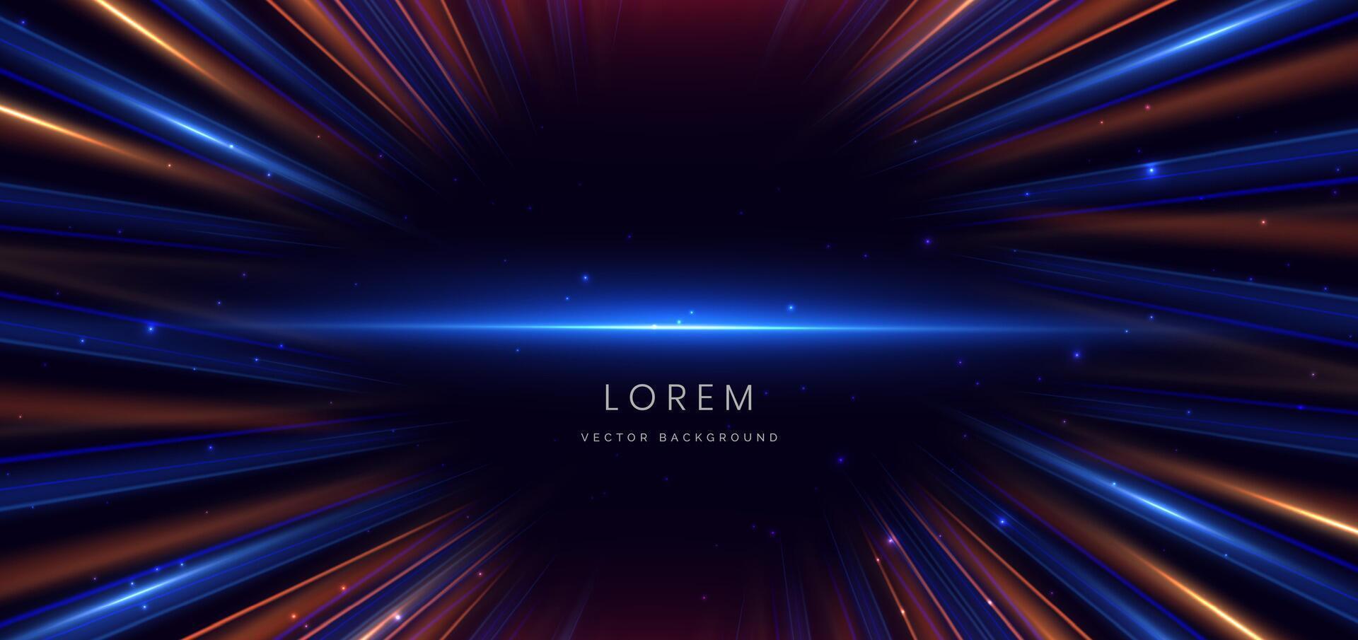 Abstract technology futuristic neon diagonal glowing blue and orange light ray with speed motion blur effect on dark blue background. vector