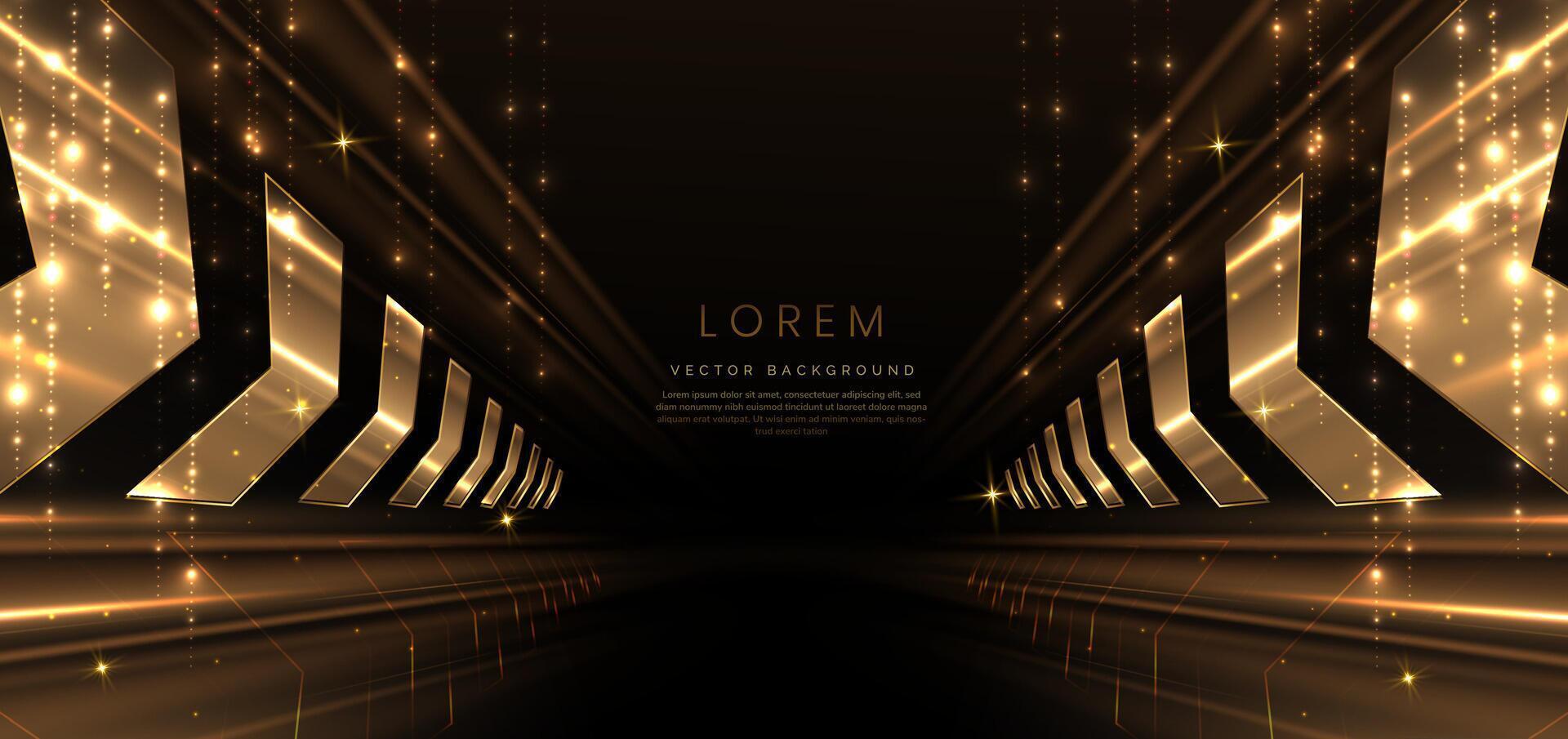 Elegant golden arrow diagonal glowing with lighting effect sparkle on black background. Template premium award design. vector