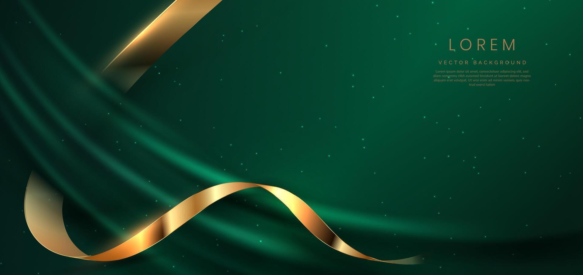 Abstact luxury green curve with golden ribbon and lighting effect on green background. vector