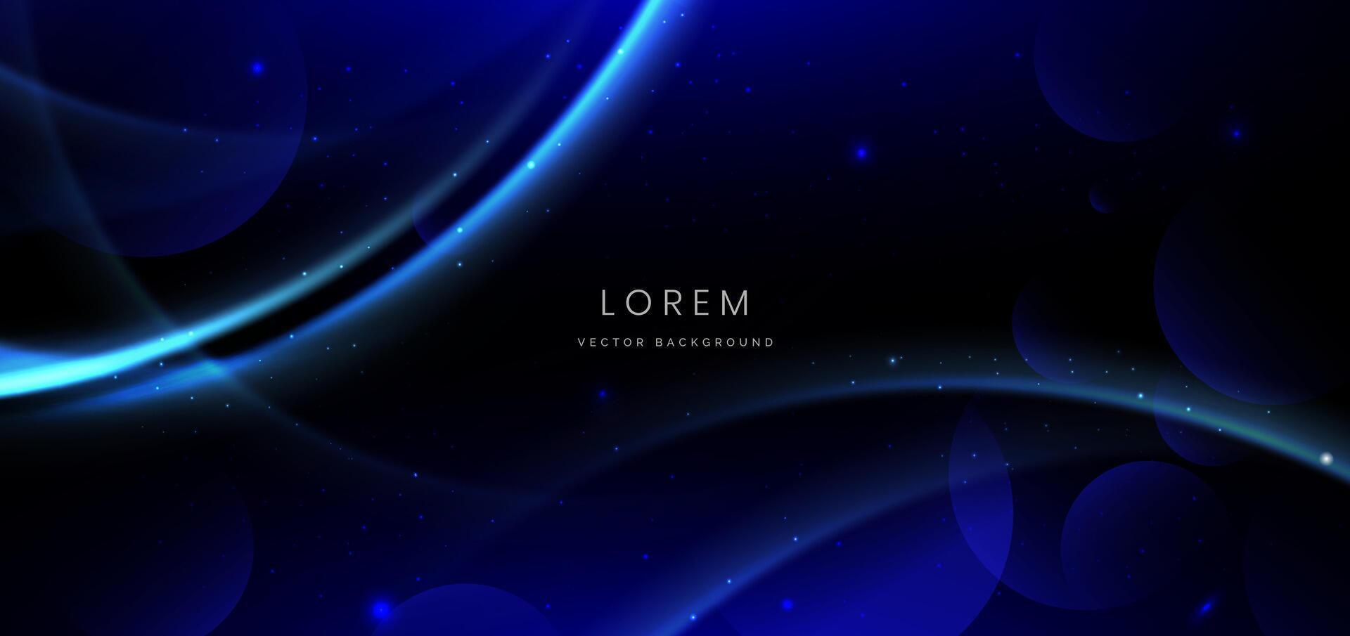 Abstract technology futuristic curved glowing blue light lines with circles effect on black background. vector