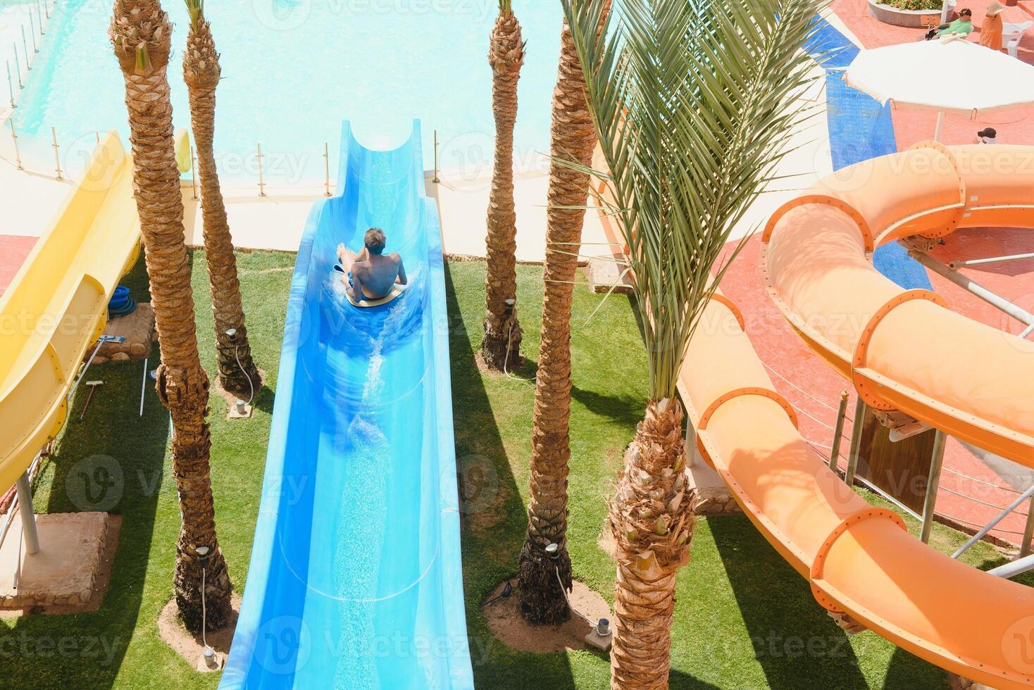 little boy sliding on the swimming pool photo