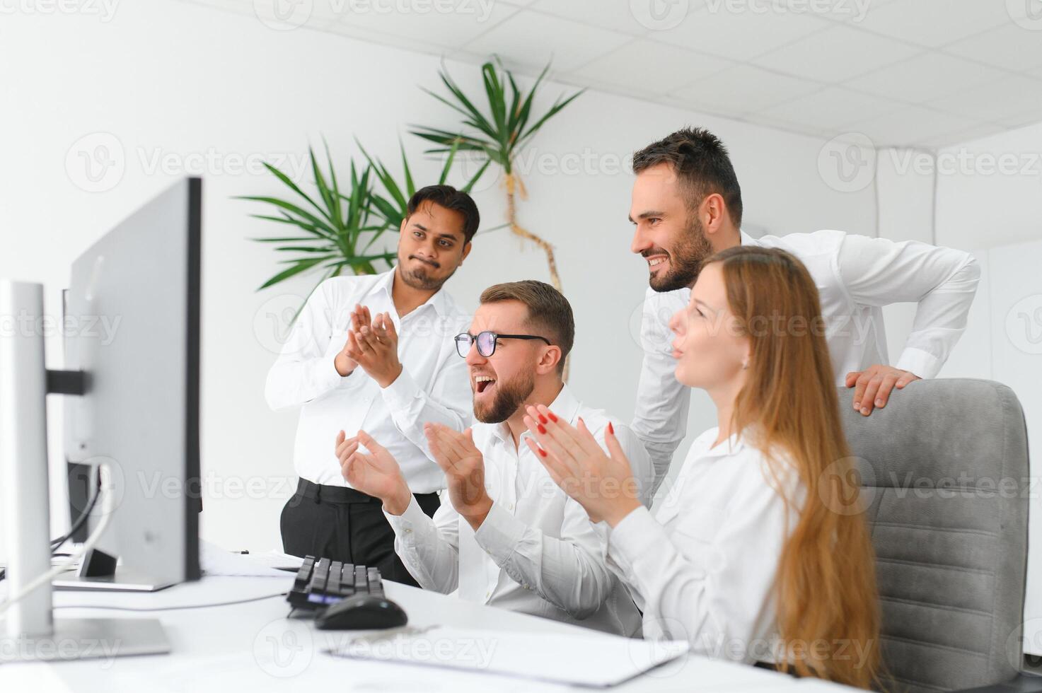 Business team working on their business project together at office. photo