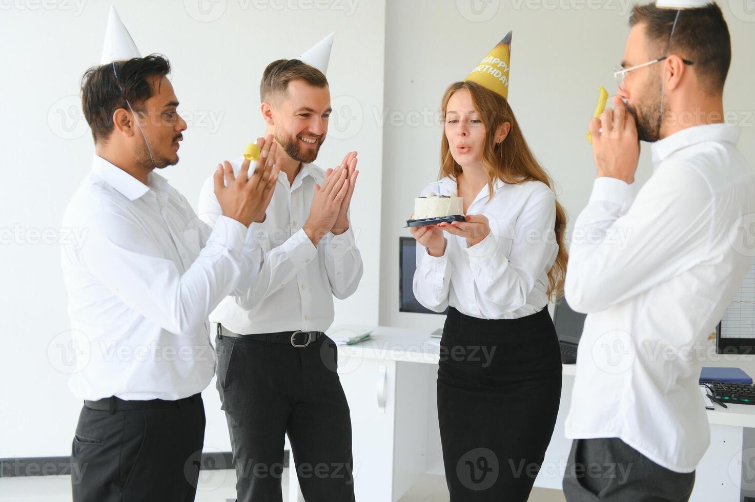 corporate party and people concept - happy team with cake celebrating colleague birthday at office photo