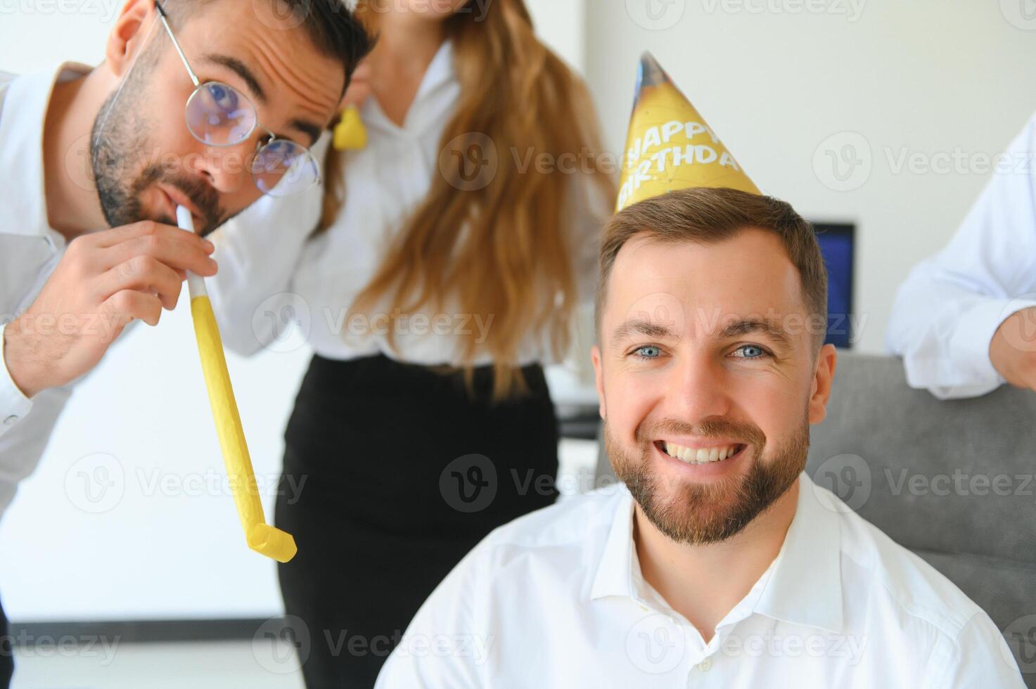 corporate party and people concept - happy team with cake celebrating colleague birthday at office photo