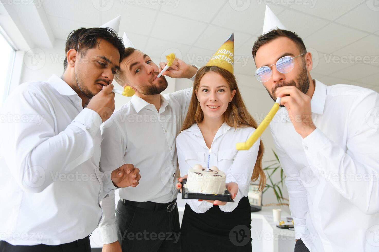corporate party and people concept - happy team with cake celebrating colleague birthday at office photo