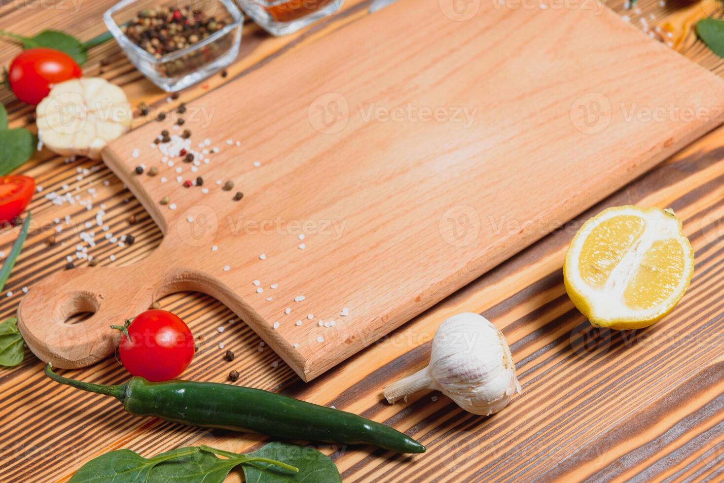 Cooking table. Background with spices and vegetables. Top view. Free space for your text photo