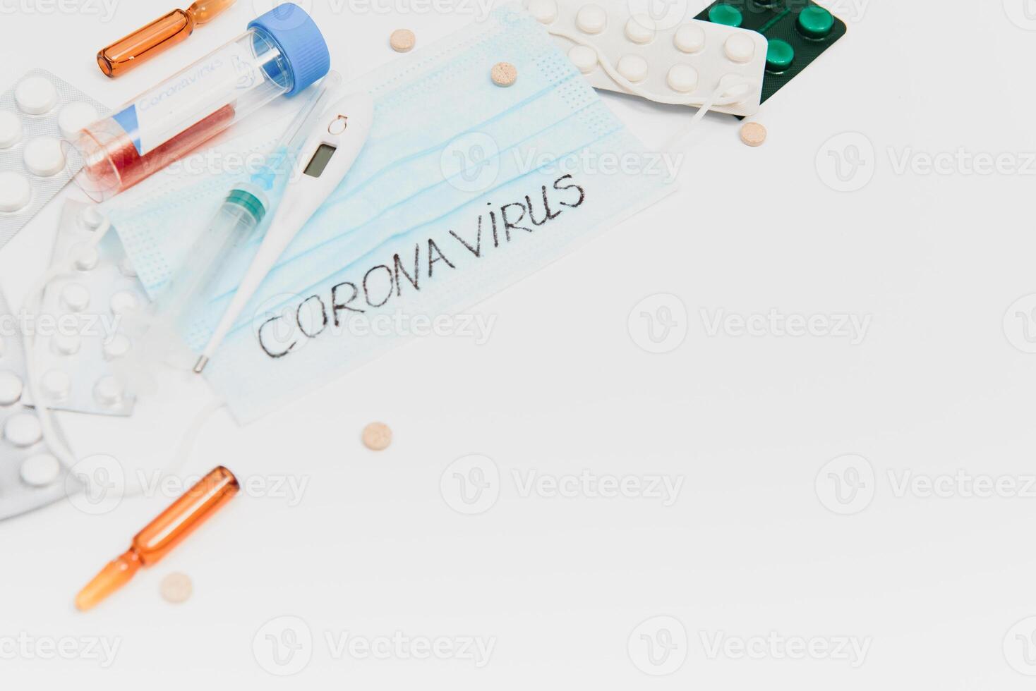 Novel coronavirus - 2019-nCoV. Protective medical mask and medicines, pills against the virus. Chinese coronavirus outbreak. MERS-Cov middle East respiratory syndrome coronavirus. photo
