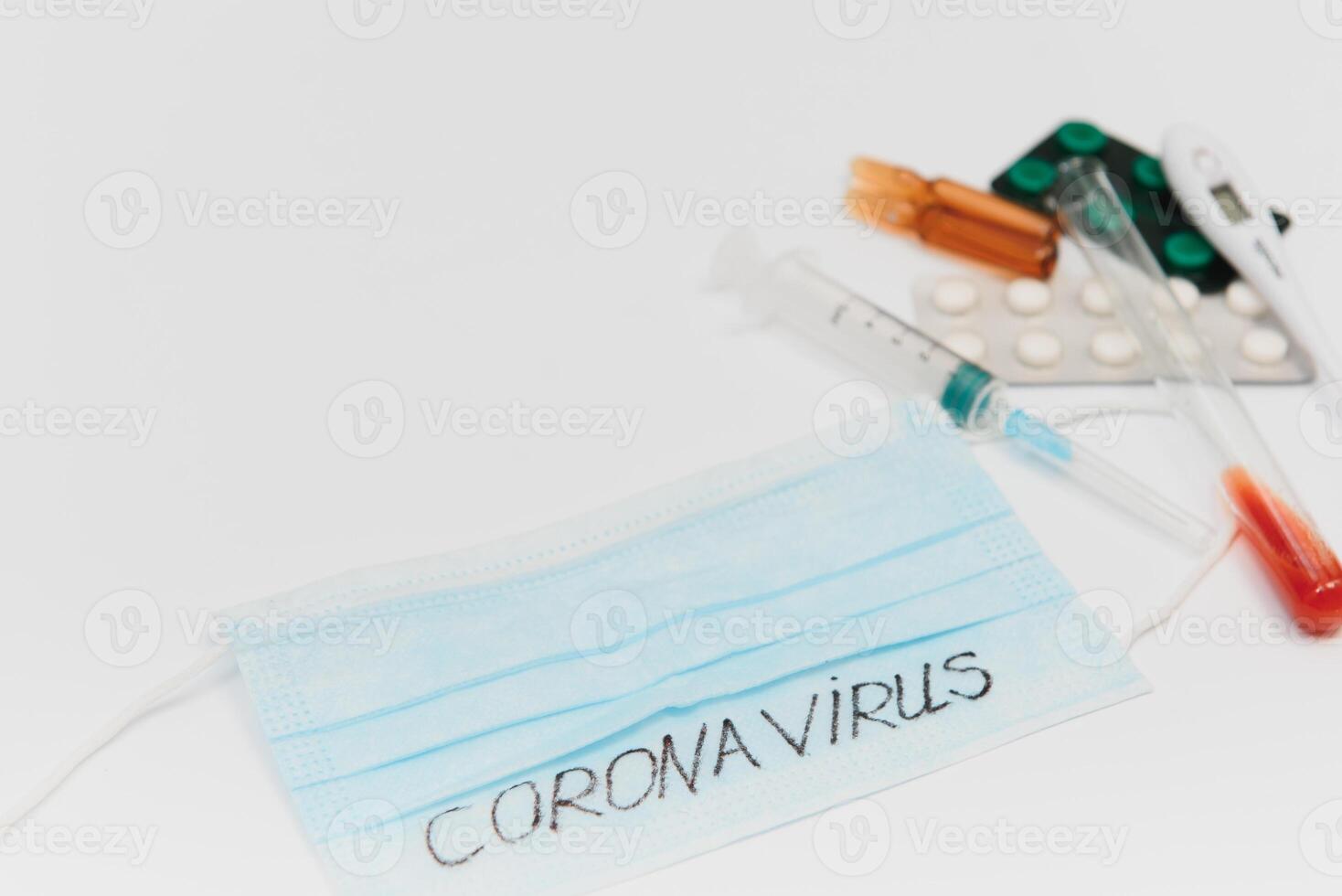 Novel coronavirus - 2019-nCoV. Protective medical mask and medicines, pills against the virus. Chinese coronavirus outbreak. MERS-Cov middle East respiratory syndrome coronavirus. photo