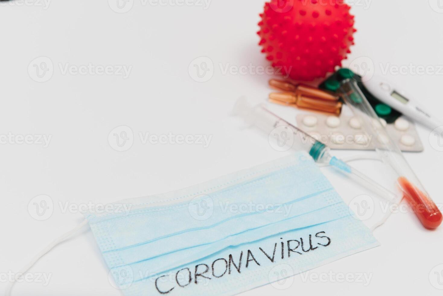 Composition of protective agents against Coronavirus on white background, top view. Healthcare and medical concept photo