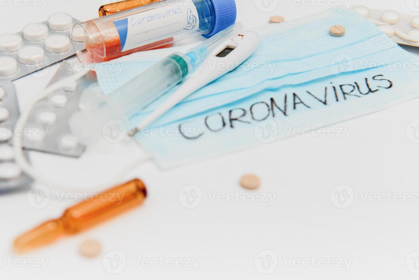Novel coronavirus - 2019-nCoV. Protective medical mask and medicines, pills against the virus. Chinese coronavirus outbreak. MERS-Cov middle East respiratory syndrome coronavirus. photo