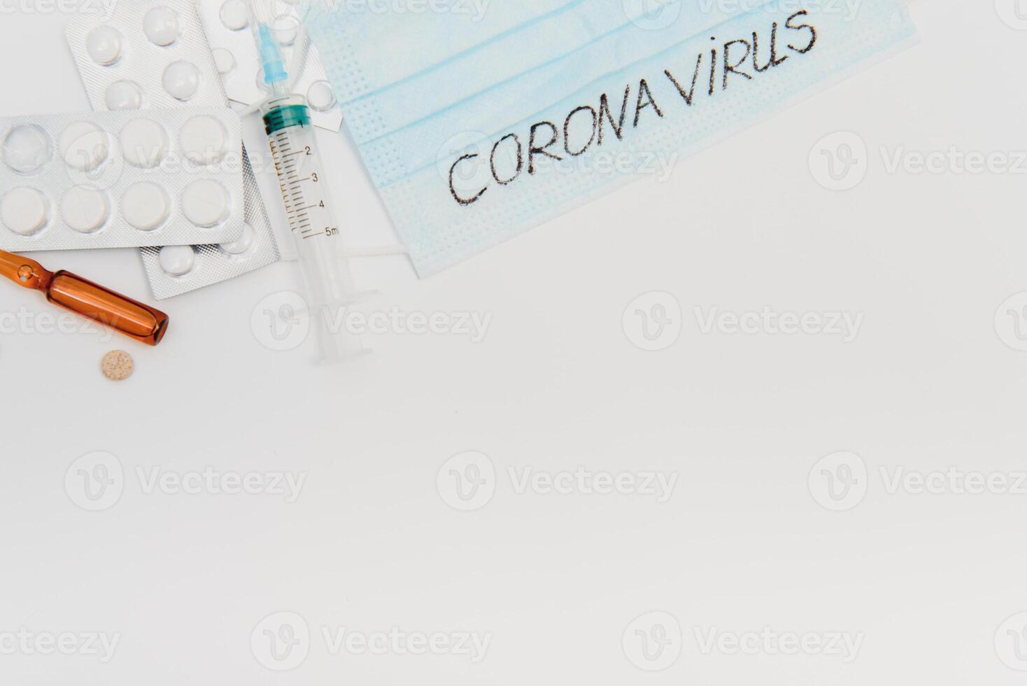 Novel coronavirus - 2019-nCoV. Protective medical mask and medicines, pills against the virus. Chinese coronavirus outbreak. MERS-Cov middle East respiratory syndrome coronavirus. photo