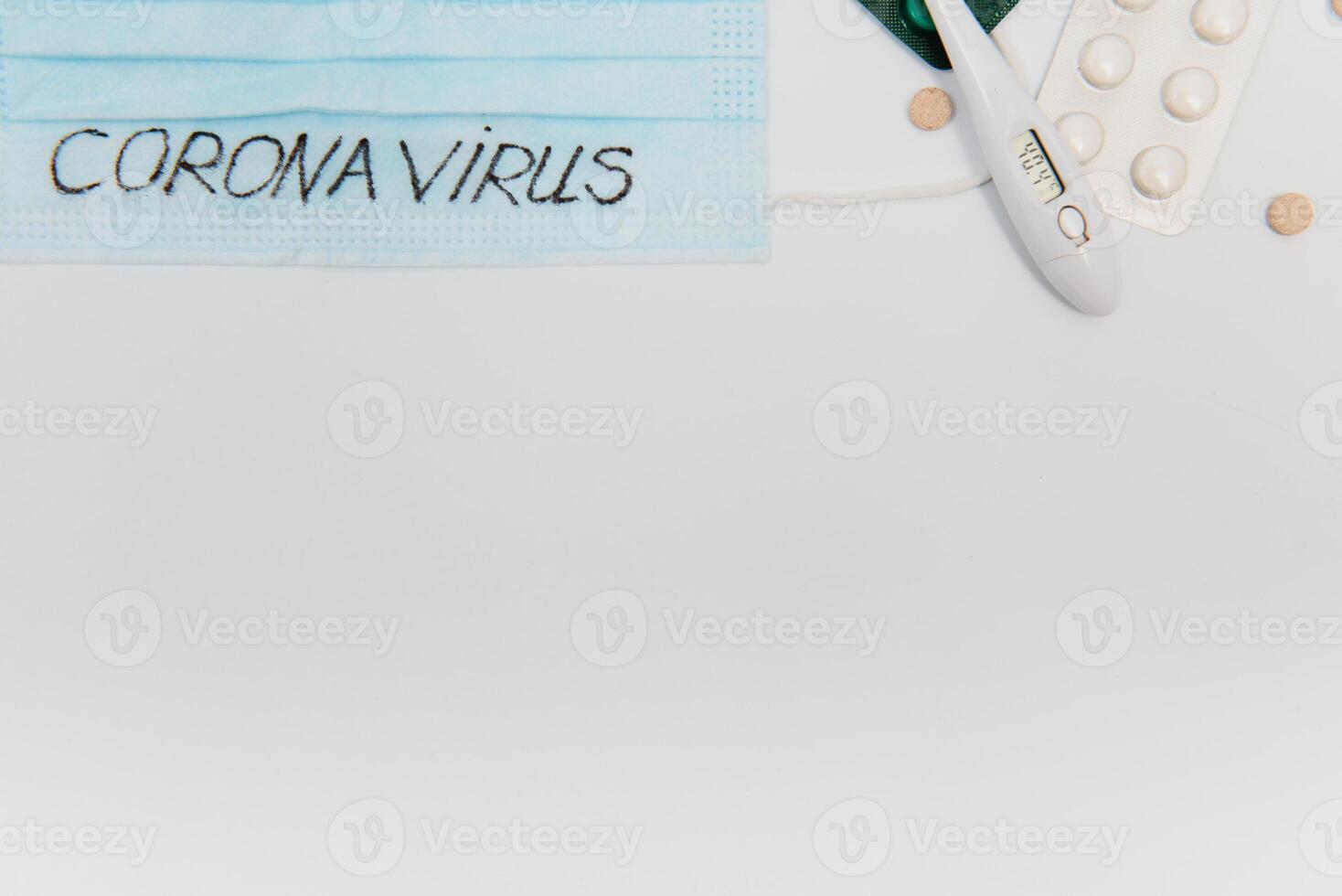 Composition of protective agents against Coronavirus on white background, top view. Healthcare and medical concept photo