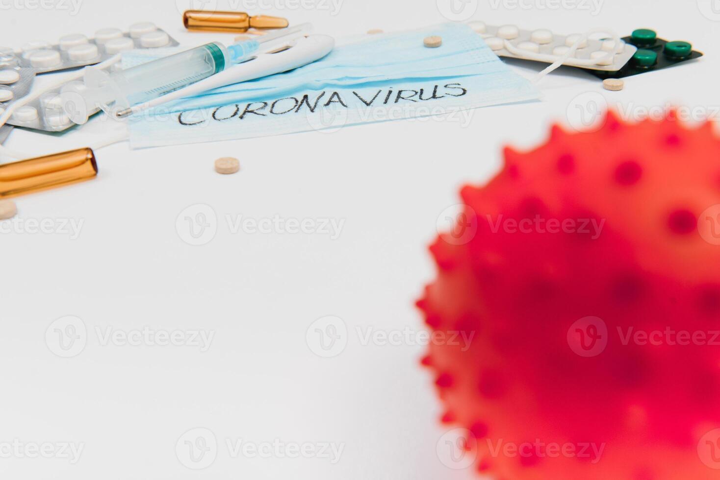 Novel coronavirus - 2019-nCoV. Protective medical mask and medicines, pills against the virus. Chinese coronavirus outbreak. MERS-Cov middle East respiratory syndrome coronavirus. photo