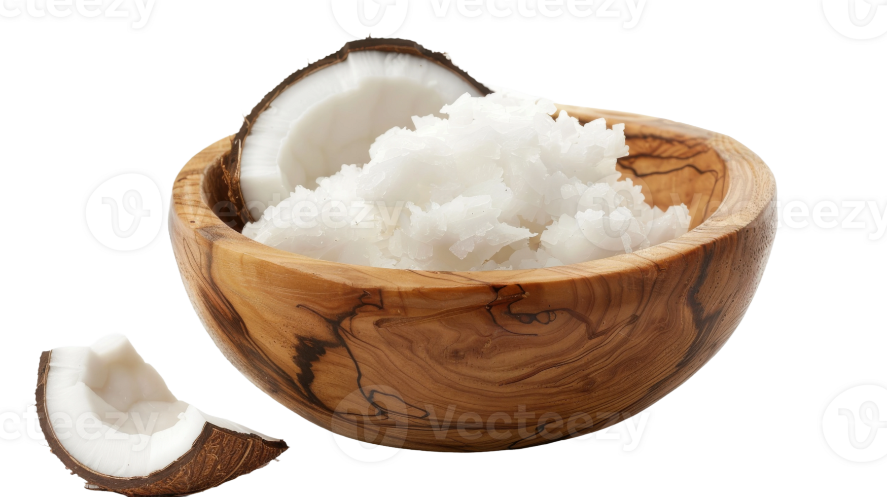Carved wooden bowl filled with coconut oil on the transparent background, Format png
