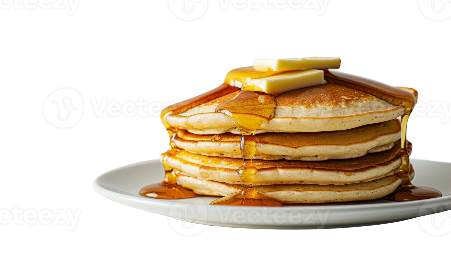 Fluffy pancakes with maple syrup and butter on the transparent background, Format png
