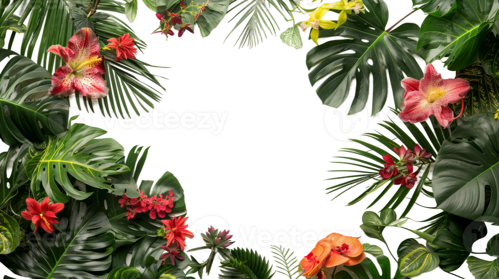 Tropical jungle flora and blooms on the transparent background, Format png