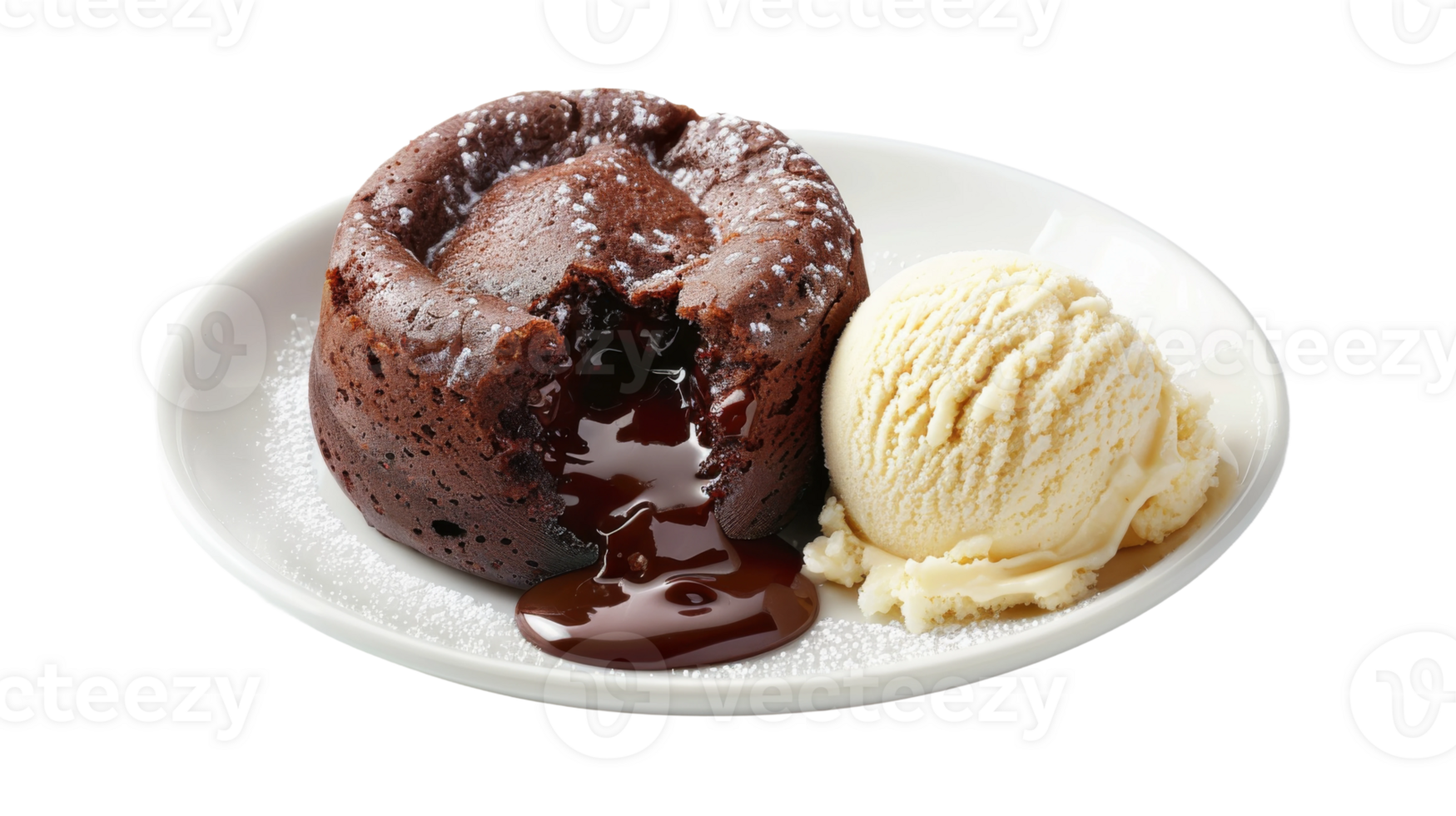 Chocolate lava cake with a molten center, served with vanilla on the transparent background, Format png