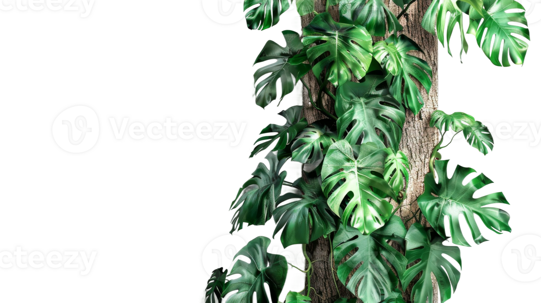 Jungle tree trunk with climbing Monstera on the transparent background, Format png