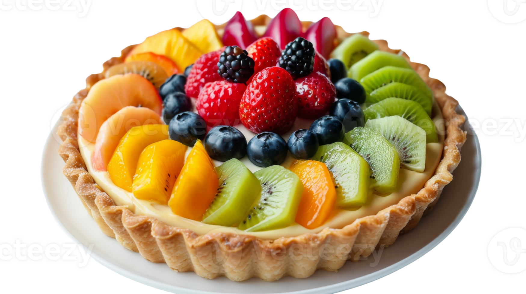 Fruit tart, with a crisp pastry shell filled with creamy custard on the transparent background, Format png