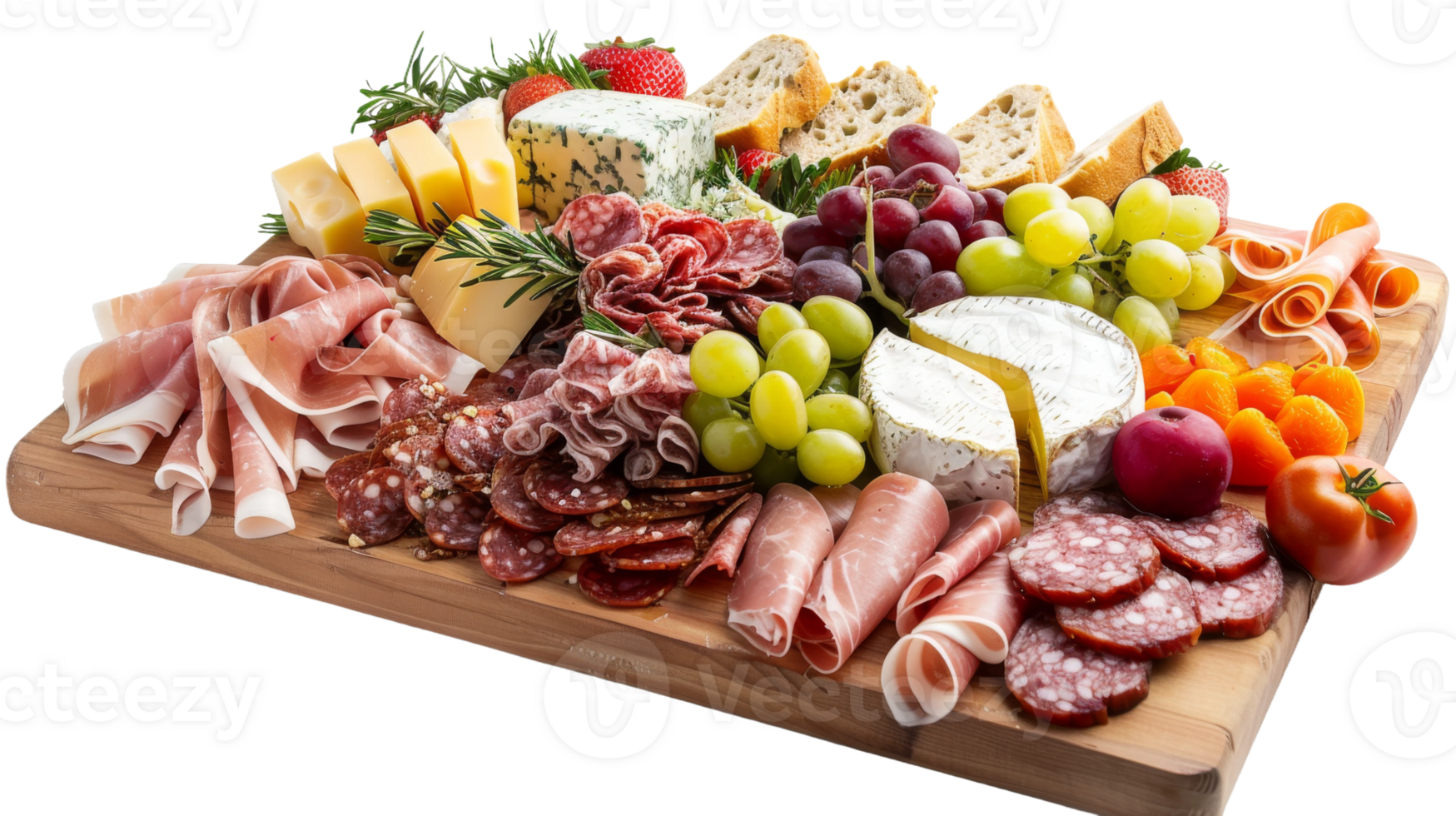 Cheese and charcuterie board with an array of meats on the transparent background, Format png