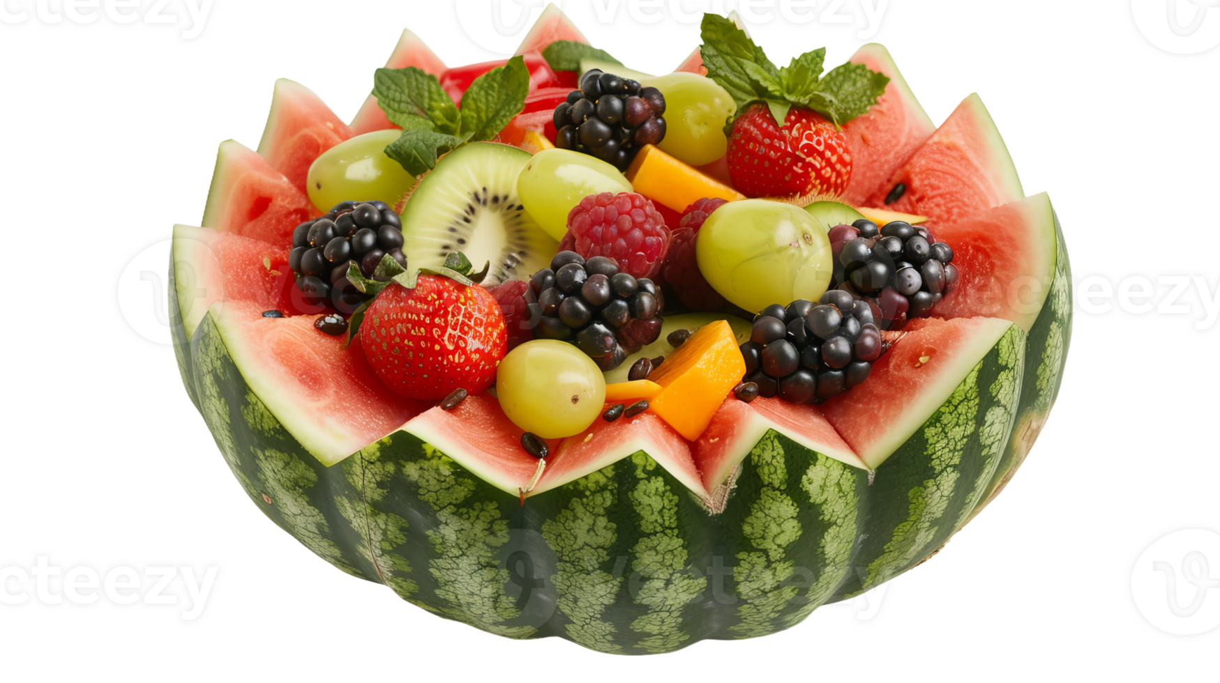 Fruit salad served in a carved watermelon bowl on the transparent background, Format png