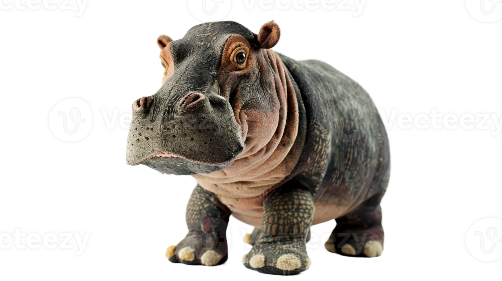 Plush hippopotamus toy with stitched eyes on the transparent background, Format png