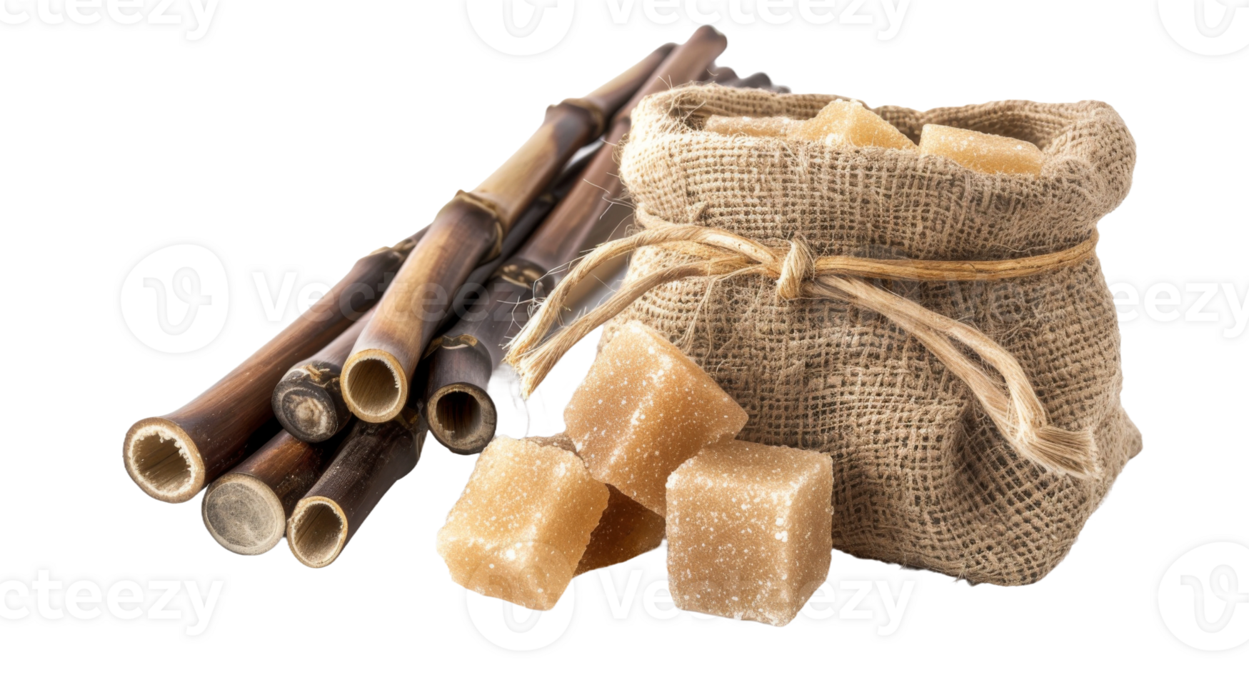 Jute sack with brown sugar cubes on the transparent background, Format png