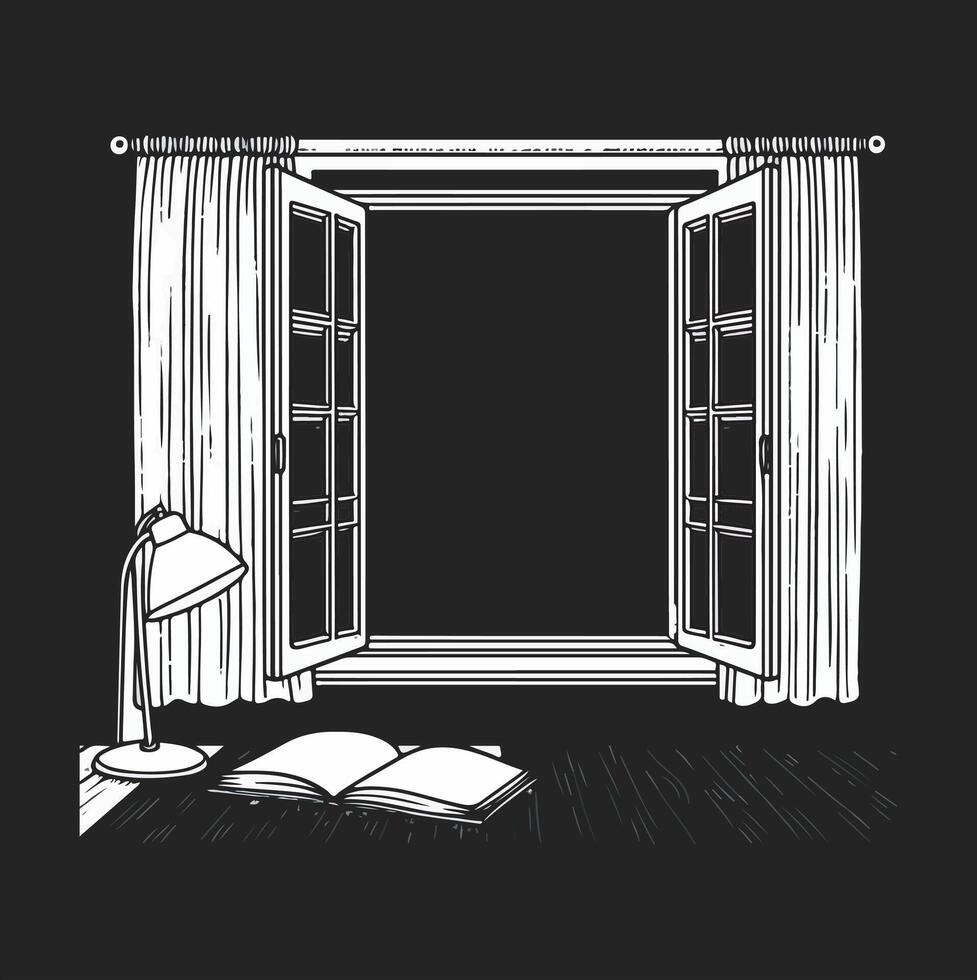 A line-drawn illustration of a window or mirror in black and white. vector