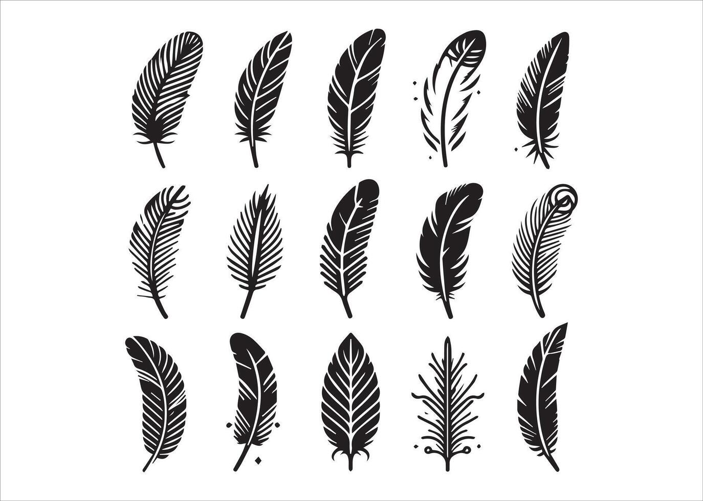 silhouette Feather Set icon type, distinct feather logo position, isolated on a white background vector