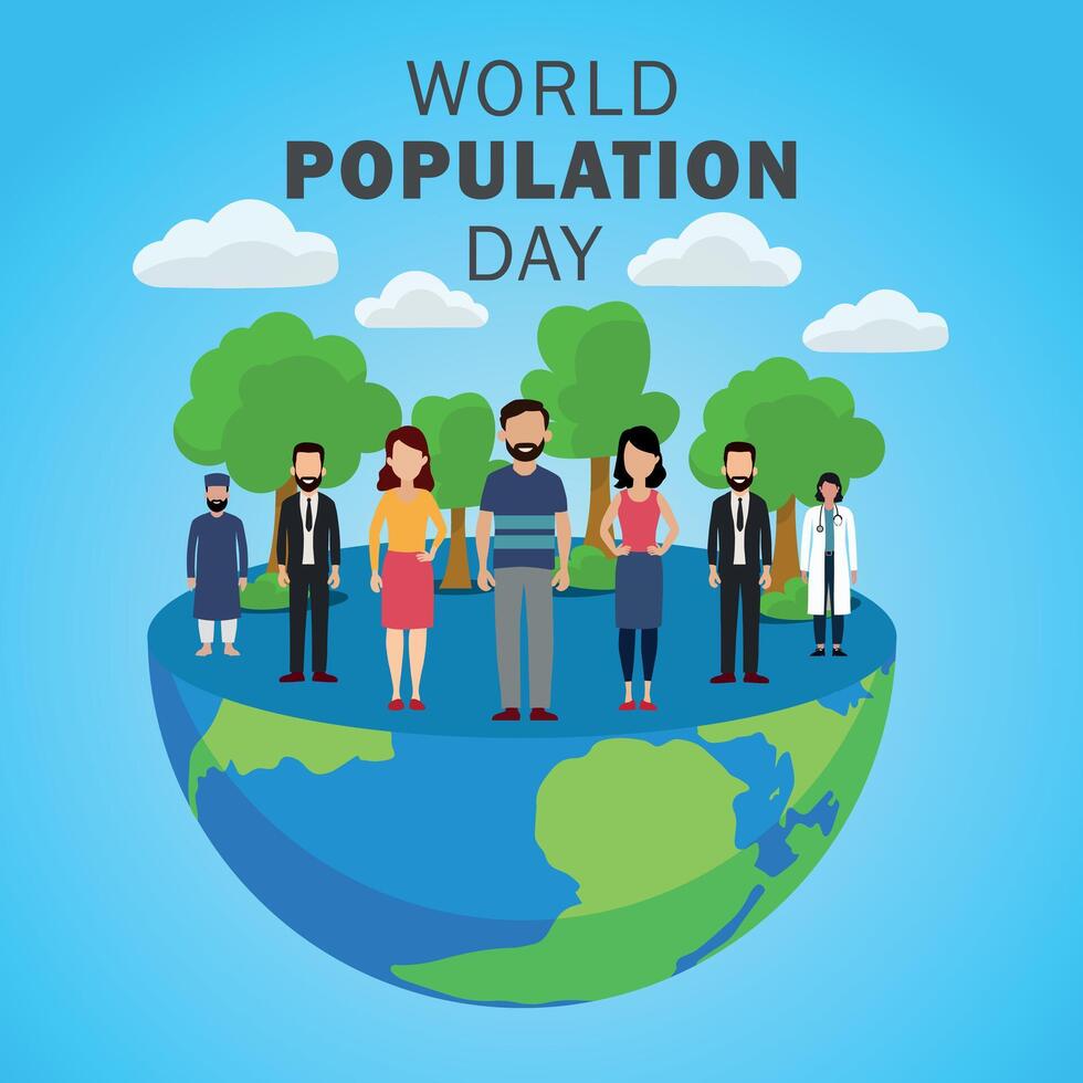 World Population Day flat illustration with world map, earth and group of colorful diverse people vector