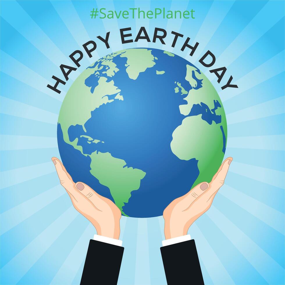 Happy Earth Day - Two hands holding earth, globe, world map 3D illustration vector