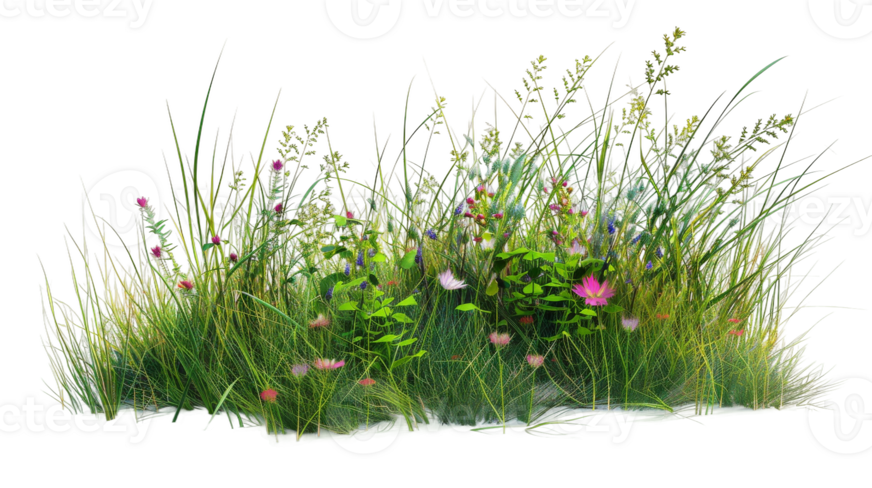 Bush made with grass and wildflowers on the transparent background, Format png