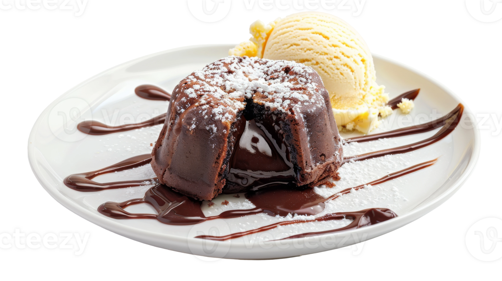 Chocolate lava cake with molten center, with vanilla ice cream on the transparent background, Format png