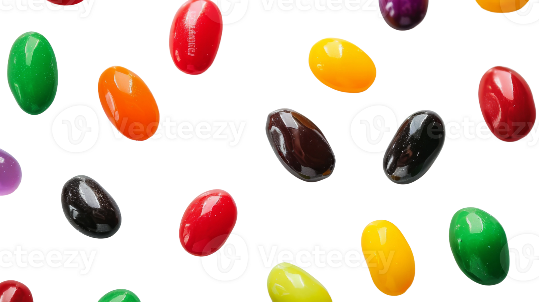 Vibrant jelly beans scattered on a surface on the transparent background, Format png