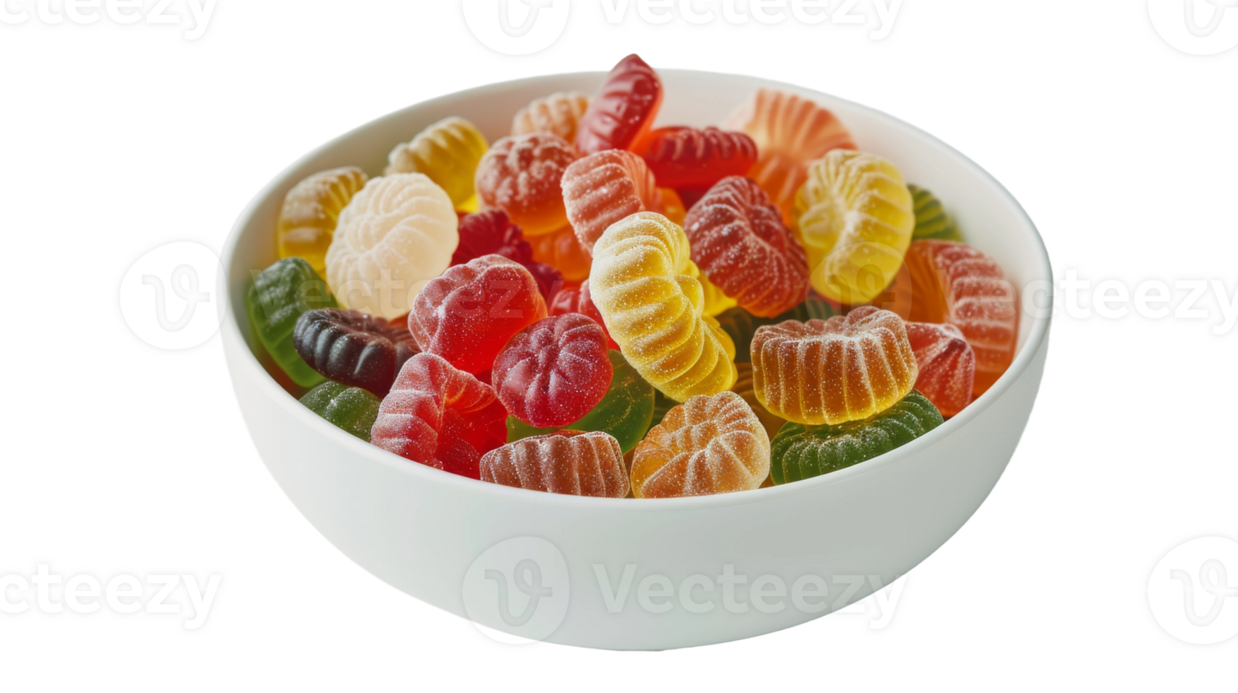 Assorted gummy candies in a bowl on the transparent background, Format png