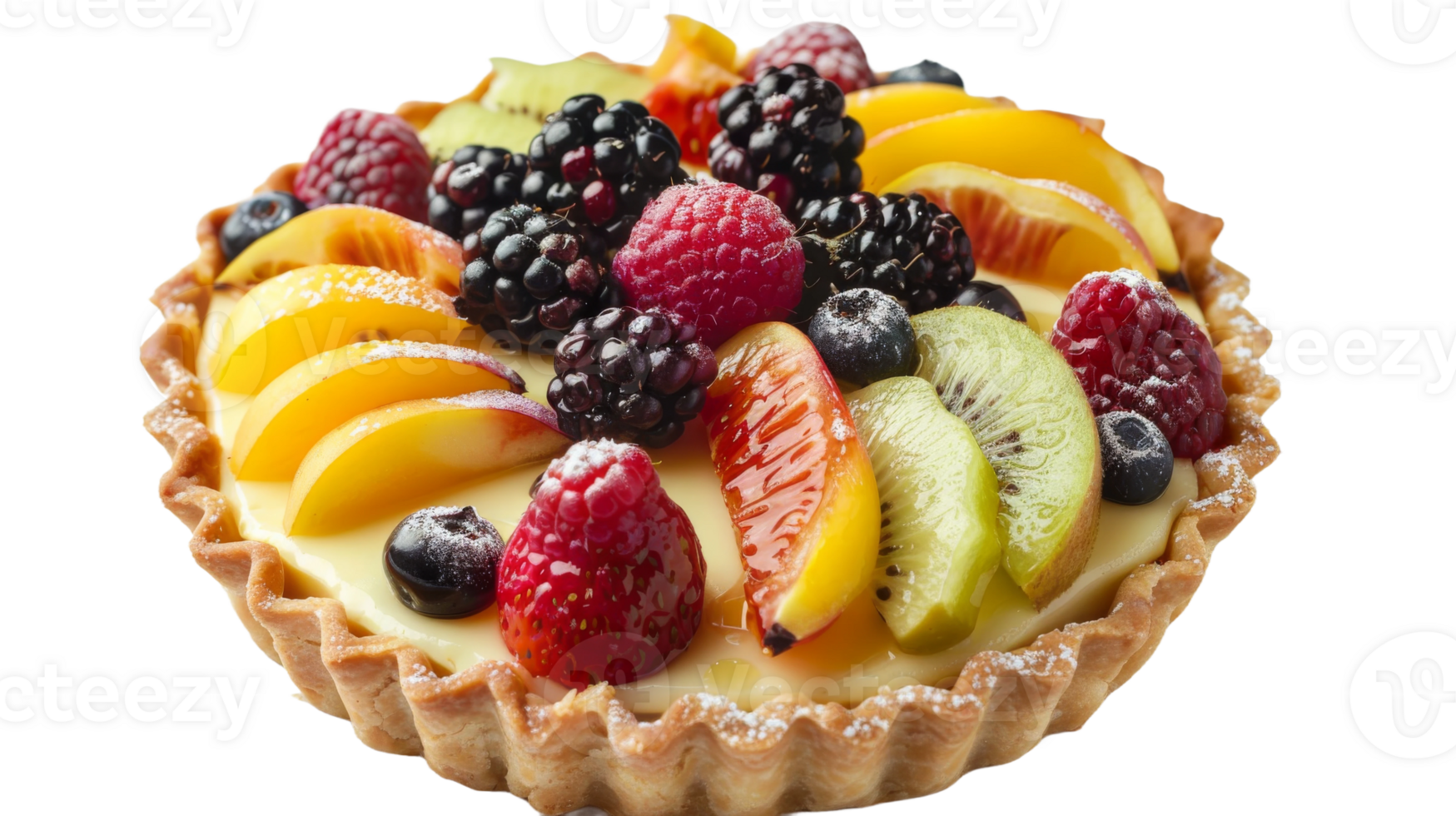 Creamy custard-filled fruit tart with a crisp pastry shell on the transparent background, Format png