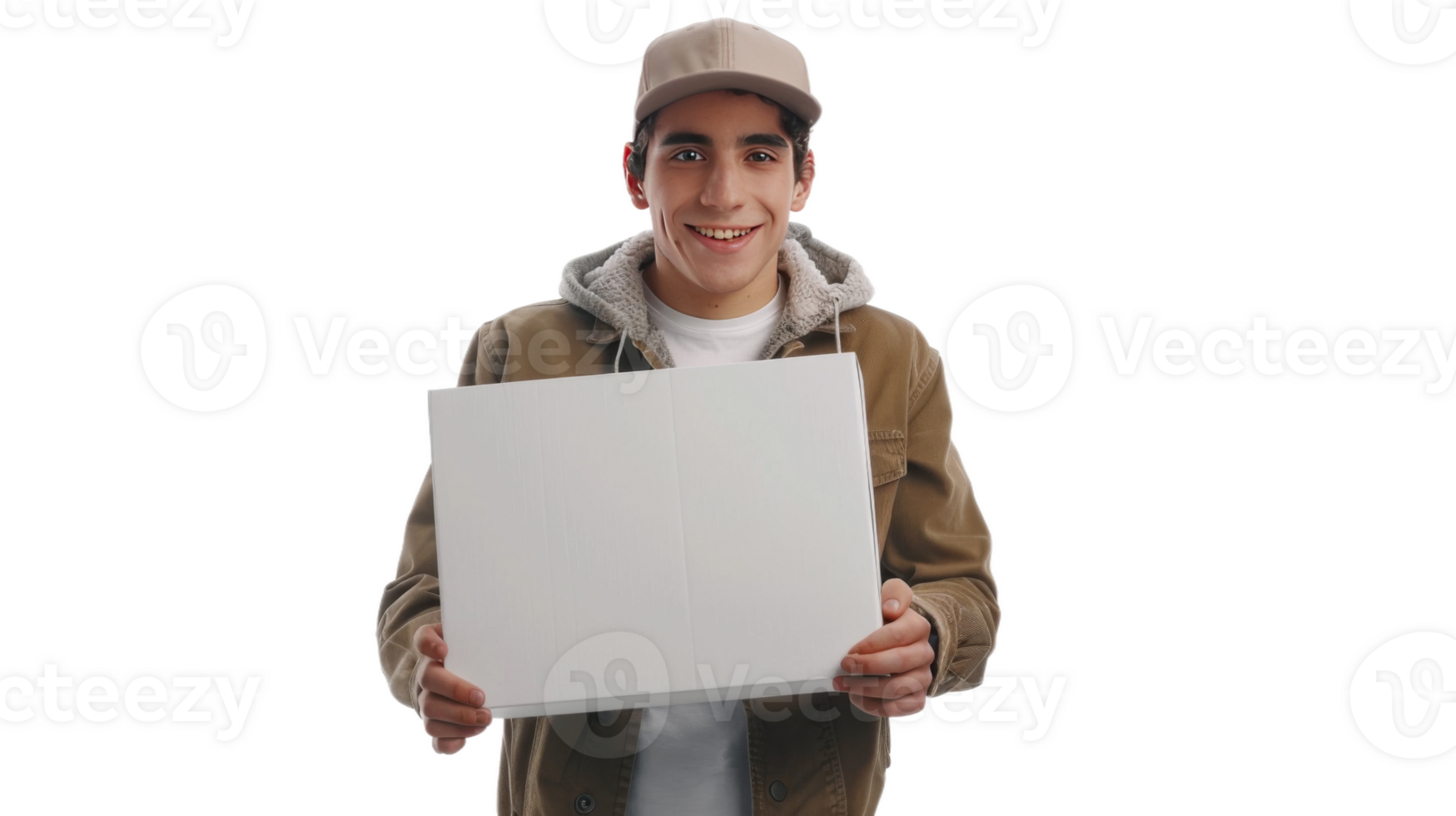 Delivery man delivering a white blank mockup package on the transparent background, Format png