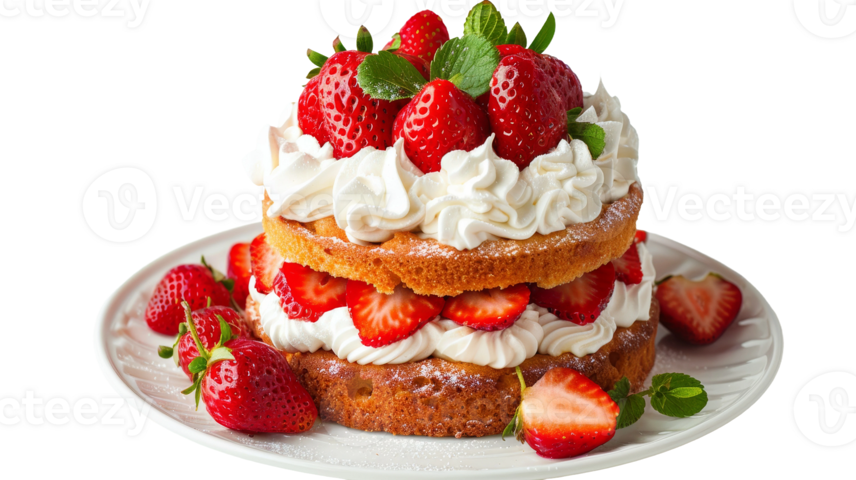 Whipped cream-filled strawberry cake layers on the transparent background, Format png