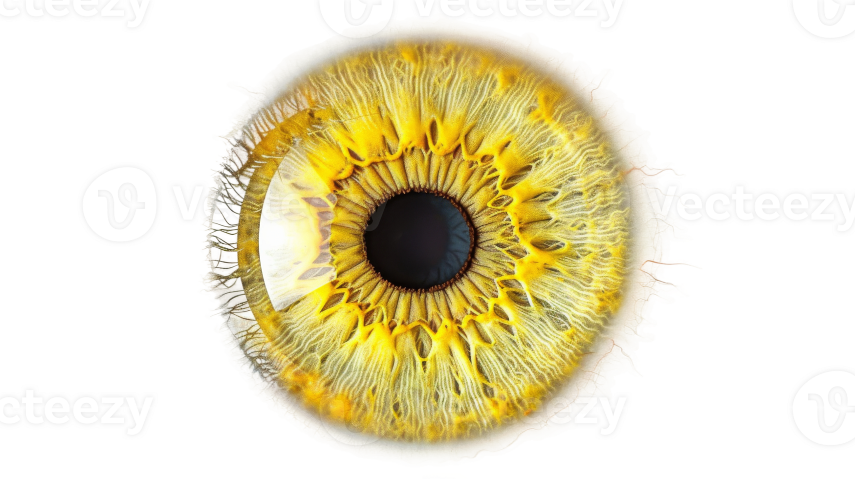 A detailed topdown view of an lemon yellow iris eye on the transparent background, Format png