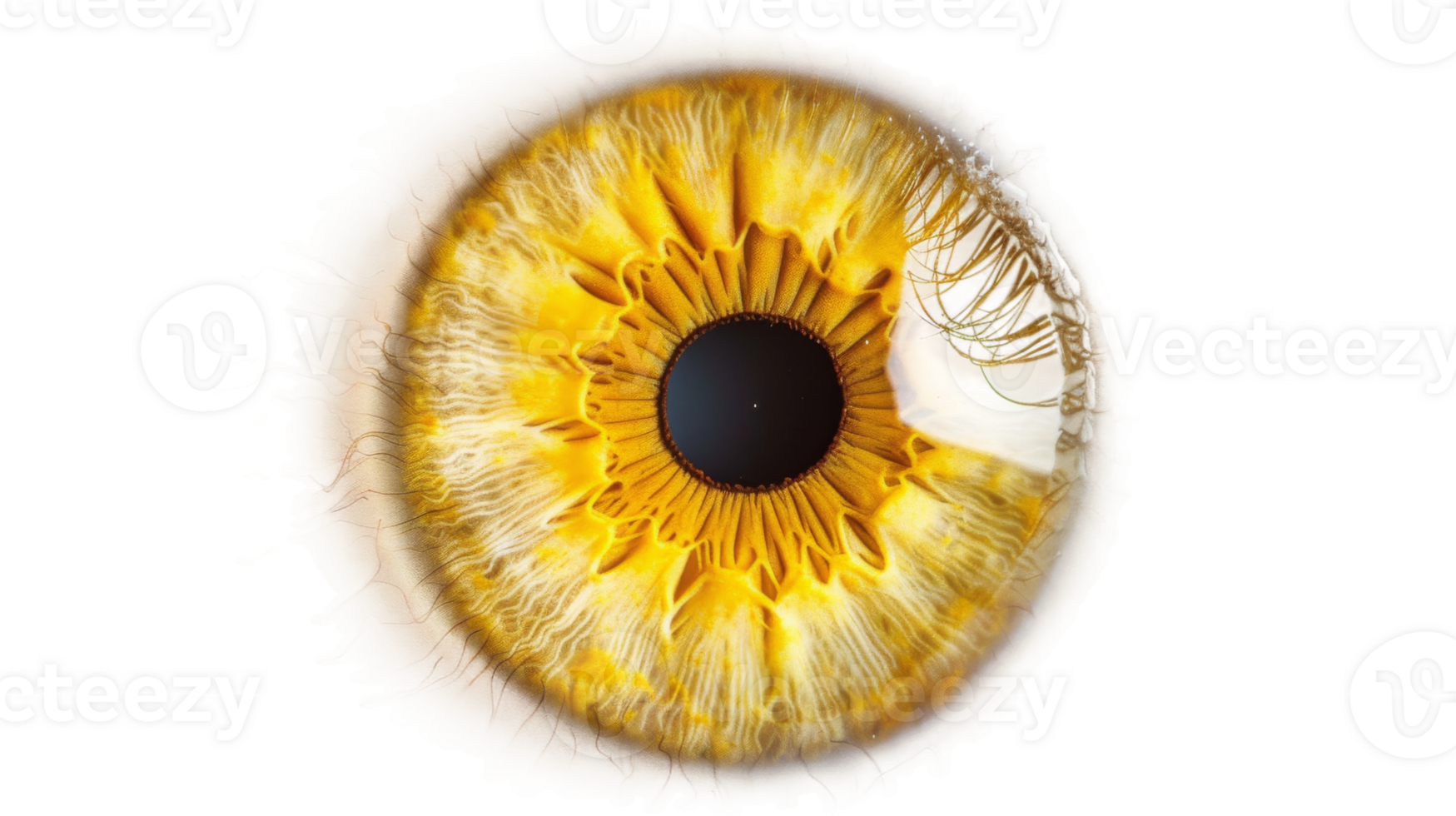 A meticulously detailed top-down view of a lemon yellow iris eye on the transparent background, Format png