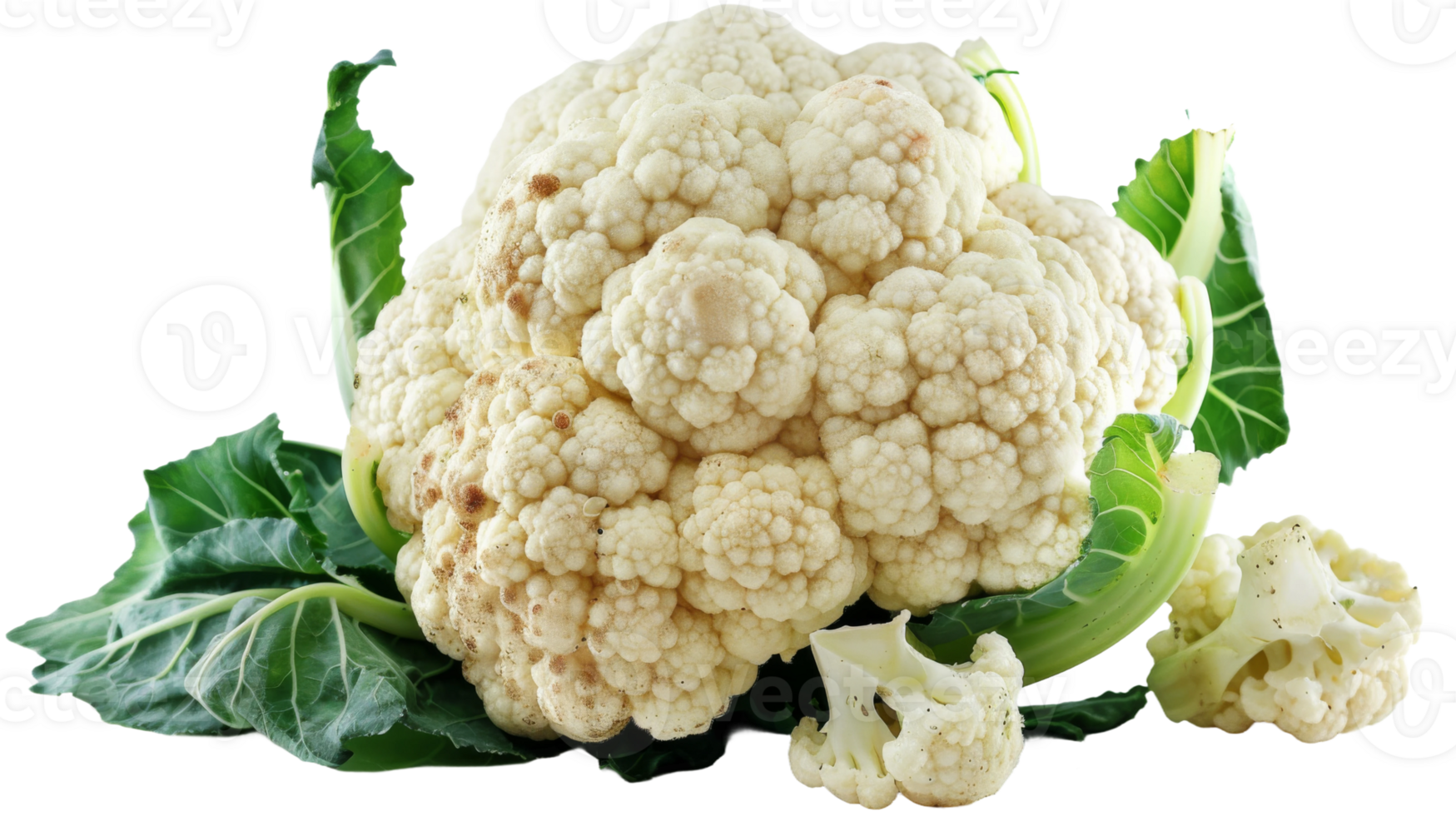 A narrow view of a whole fresh organic cauliflower on the transparent background, Format png