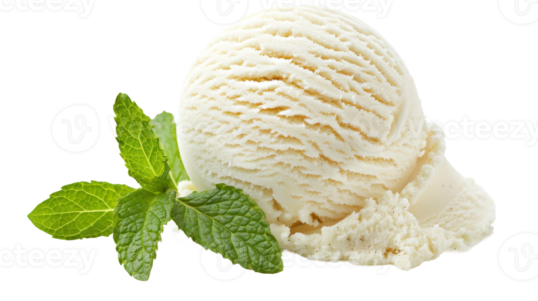 A scoop of vanilla ice cream with a mint leaf on the transparent background, Format png