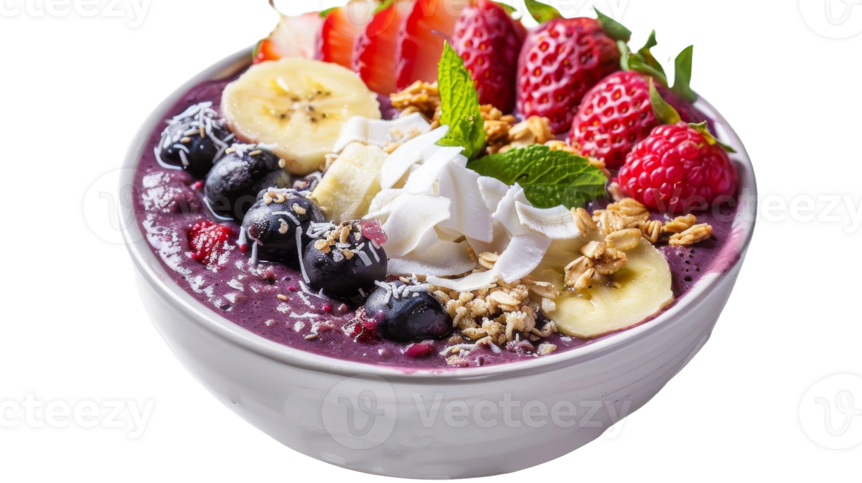 Acai bowl topped with fresh fruits on the transparent background, Format png