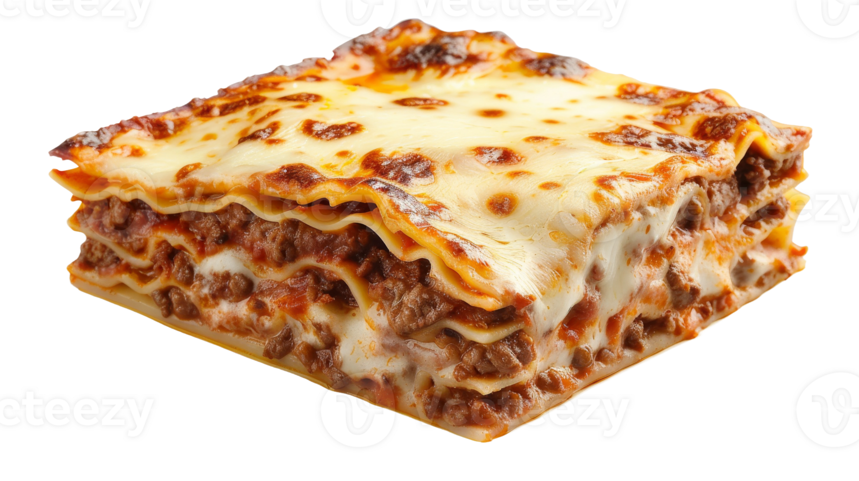 Lasagna with layers of beef ragu, bechamel sauce on the transparent background, Format png