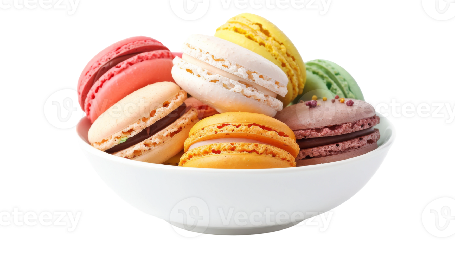 Bowl of colorful macarons on the transparent background, Format png